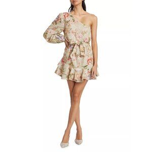 HEMANT & NANDITA Floral Broderie Anglaise Tie-Waist One-Shoulder Minidress